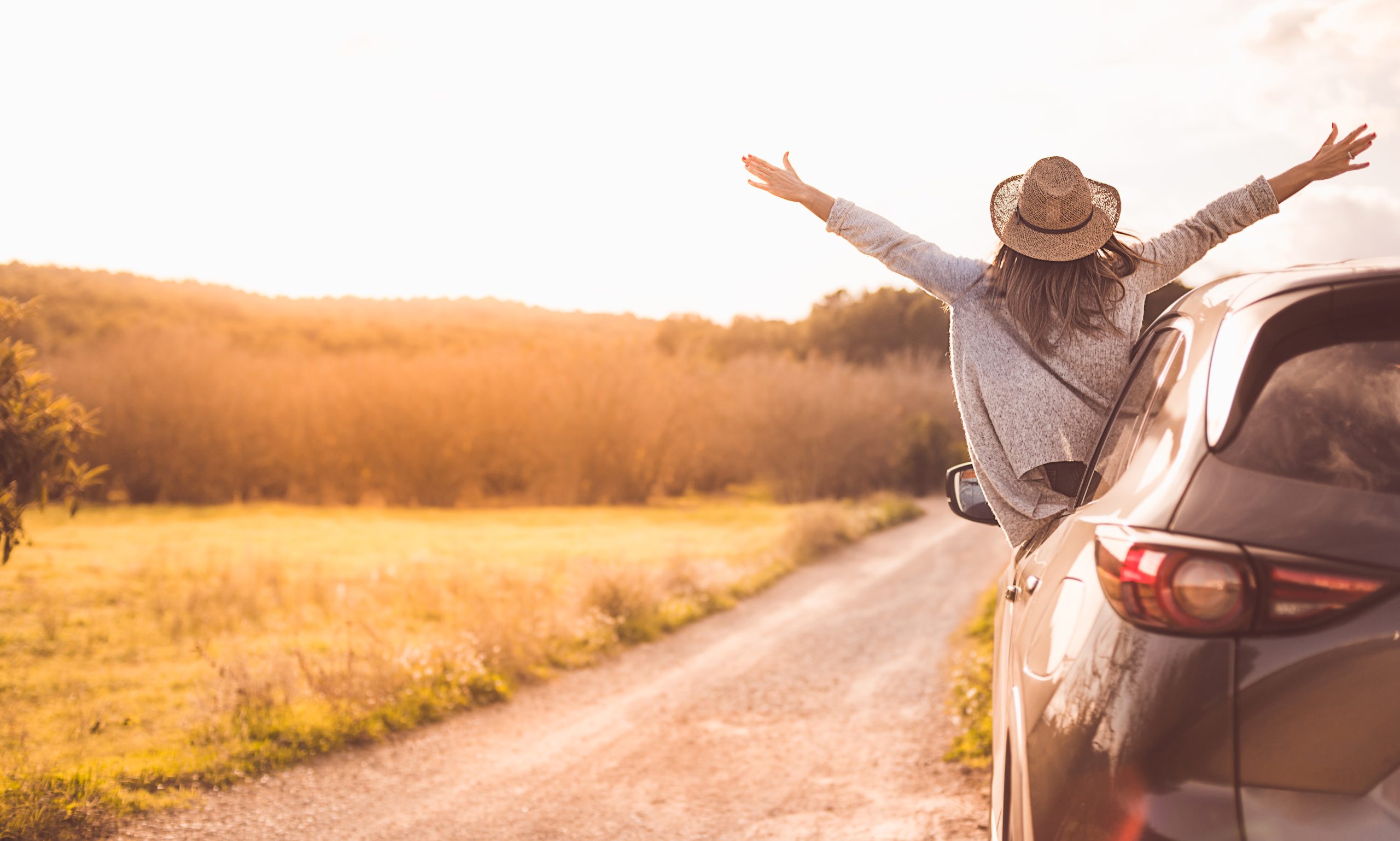 woman hanging out a car window parked on the side of the road